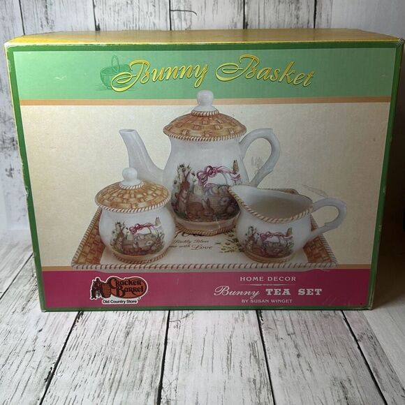 Cracker Barrel Bunny Basket Bunny Tea Set Susan Winget in Original Box - Picture 12 of 13